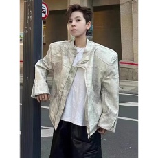 批发网图 高质量原版 欧美街头拼接立领pu皮衣夹克男女春秋飞行员外套