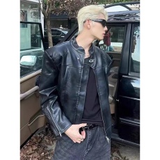 批发网图 高质量原版 美式高街机车风pu皮衣夹克男女秋季金属立领外套