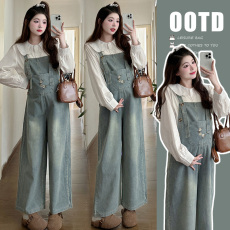 批发实拍 2024孕妇装秋季新款韩版休闲简约牛仔背带裤+衬衣套装