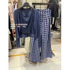 批发新款韩版时尚休闲开衫+露背背心+松紧腰格子阔腿<b class='q'>裤</b><b class='q'>三件套</b>