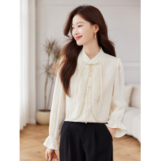 批发2026春季新款 新中式钉珠盘扣流苏双层拼接马甲造型喇叭袖衬衫女