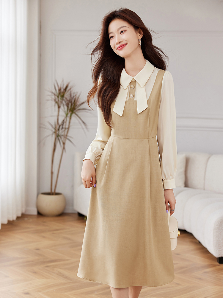 MY16187# 新款法式风翻领高腰拼接连衣裙女长袖中长款A字裙女裝貨源服裝批發