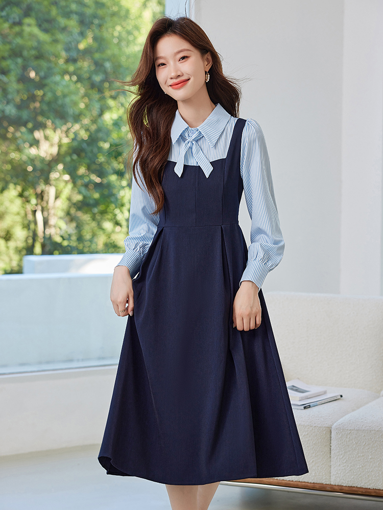 MY16186# 教资面试复试学院风连衣裙假两件长袖长裙子女裝貨源服裝批發