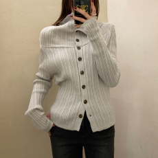 批发韩国chic温柔开叉针织衫春季新款辣妹设计感长袖一字肩毛衣