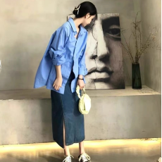 批发早<b class='q'>秋</b>新款大码女装防晒蓝色衬衫上衣高级感通勤百搭衬衣M-4XL200斤
