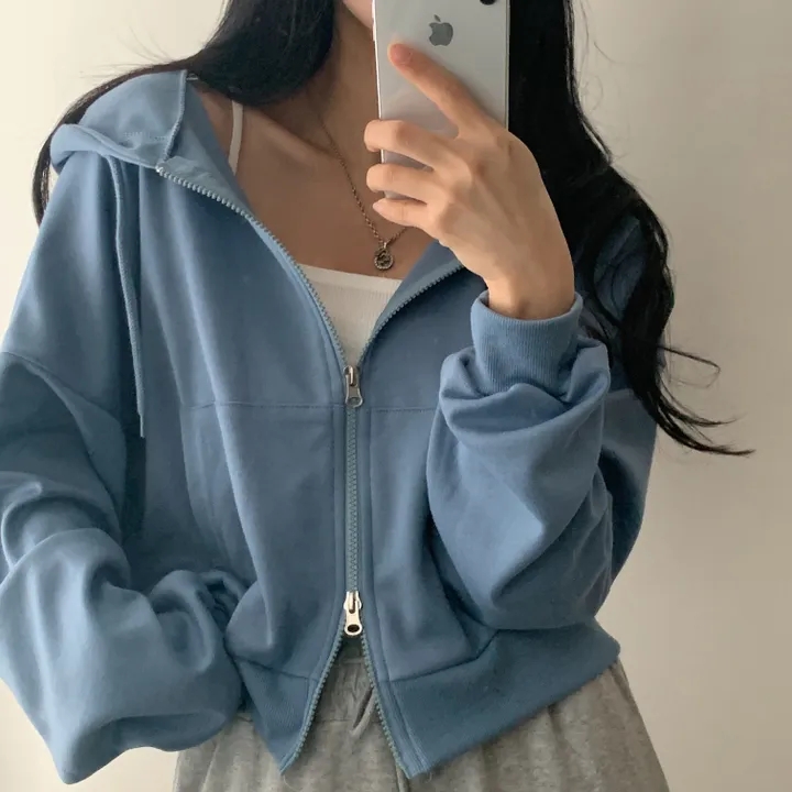 한국 chic 봄 가을 작은 대중 레트로 후드 더블 오픈 지퍼 디자인 루즈핏 캐주얼 다용도 긴팔 쇼트 스타일 후드티
