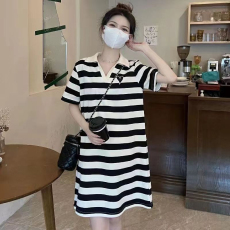 批发条纹<b class='q'>连衣裙</b>女2026新款<b class='q'>夏装</b>爆款宽松显瘦polo领小个子中长款t恤裙