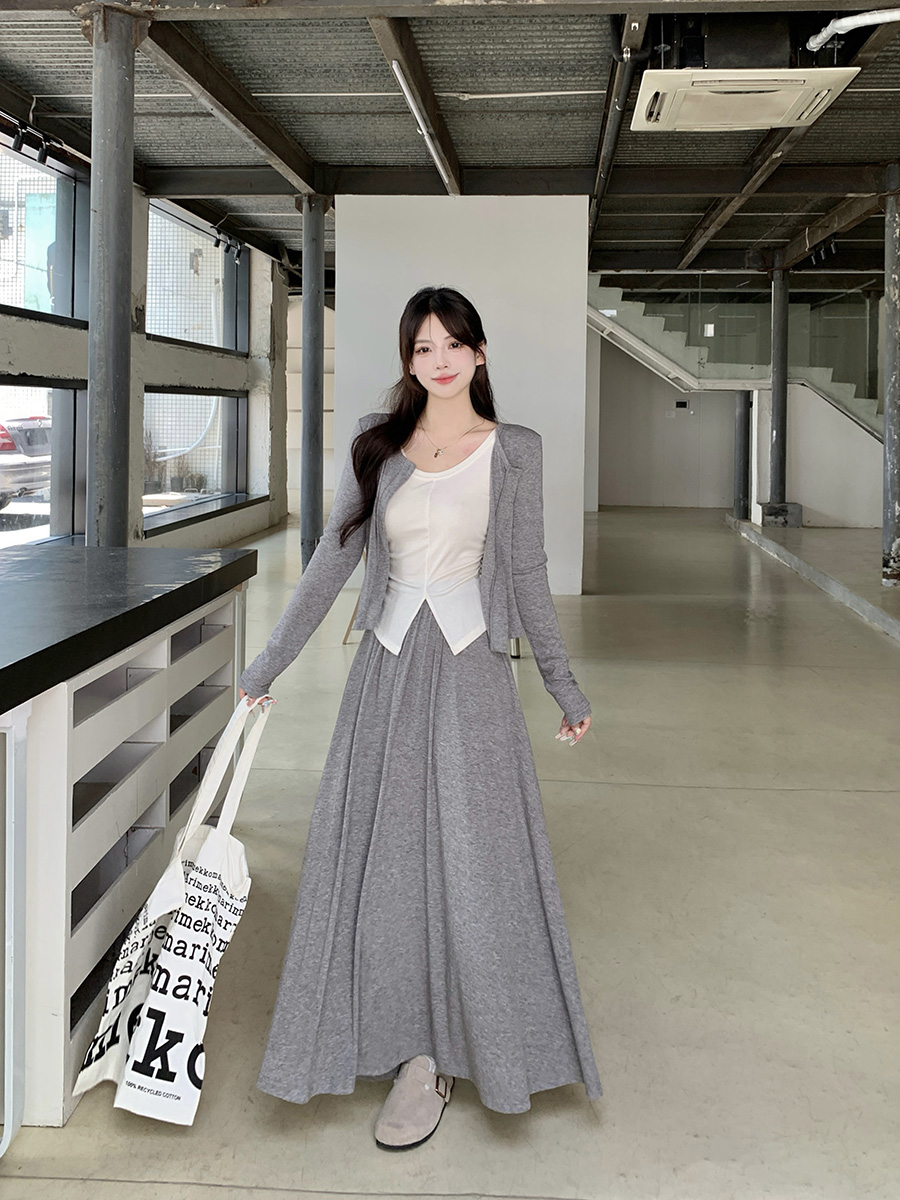 PF20214#韩版修身显瘦淑女风针织外套半身裙三件套女裝貨源服裝批發