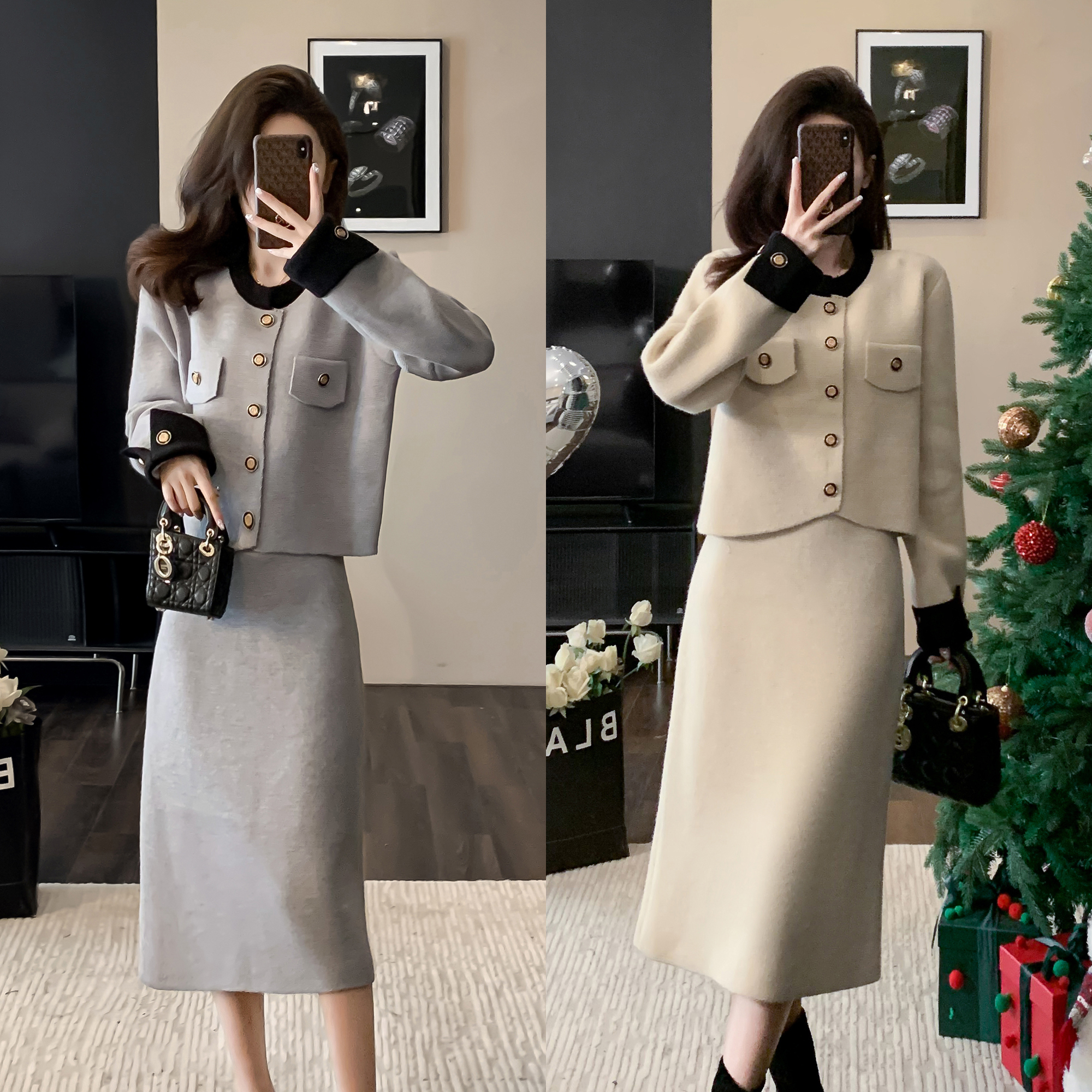 프랑스식 레트로 작은 샤넬 스타일 고급 센스 니트 세트 가을 겨울 새로운 배색 재킷 슬림해 보이는 반신 스커트 투피스 세트