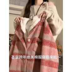 批发韩系假两件连帽圣诞跨年红色格子棉衣棉服女秋冬宽松百搭毛呢外套