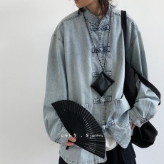 批发国风春秋潮牌牛仔衣夹克男渐变水洗日系休闲大口袋新中式唐装外套