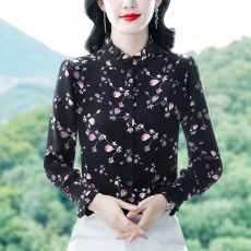 批发韩系黑色碎花上衣女春季新款法式气质立领宽松设计感小众<b class='q'>长袖</b><b class='q'>衬衫</b>