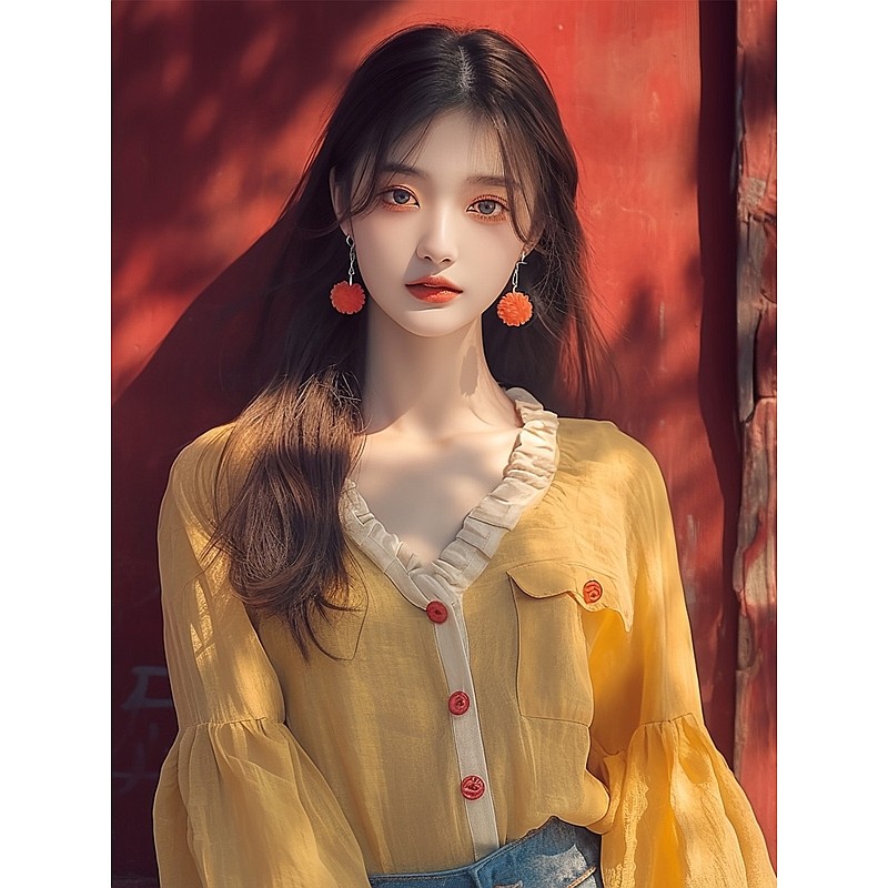 이른 봄 새로운 폭발 맨위 작은 대중 고유 한 Chic 세련된 외국 가스 연령 감소 아름다운 황색 V넥 긴팔 셔츠