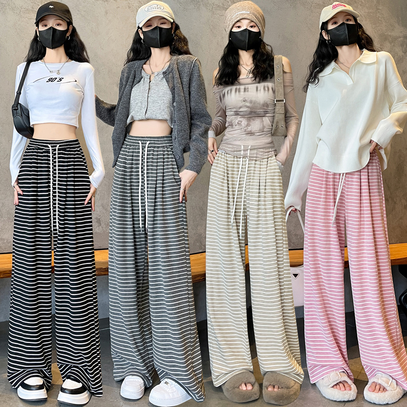 PF19806#慵懒风条纹休闲裤女秋季系带松紧腰宽松显瘦阔腿裤直筒拖地裤女裝貨源服裝批發