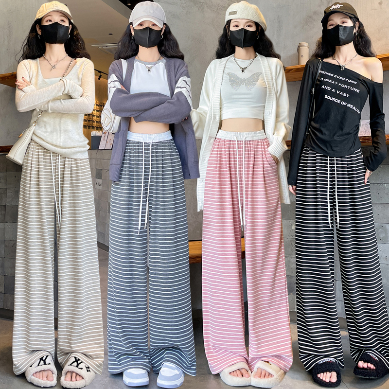 PF19807#撞色条纹阔腿裤女秋季松紧腰高腰垂感宽松慵懒百搭休闲拖地裤女裝貨源服裝批發