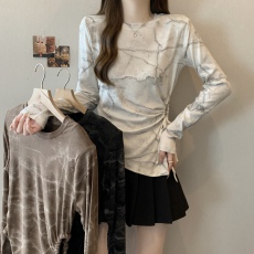 批发2025秋冬新款大码胖M美式复古扎染抽绳收腰修身不规则显瘦长袖<b class='q'>T</b><b class='q'>血</b>