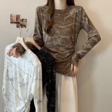 批发2025秋冬新款大码胖M美式复古扎染抽绳收腰修身不规则显瘦长袖<b class='q'>T</b><b class='q'>血</b>