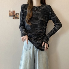 批发2025秋冬新款大码胖M美式复古扎染抽绳收腰修身不规则显瘦长袖<b class='q'>T</b><b class='q'>血</b>