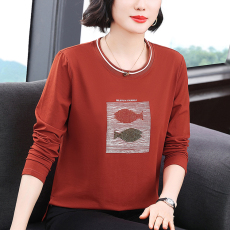 批发2026春季新款<b class='q'>妈妈装</b>长袖女T恤简约圆领烫钻设计宽松显瘦拼接女装