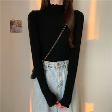 批发2026春季韩版木耳边针织衫半高领长袖打底衫卷边内搭女上衣