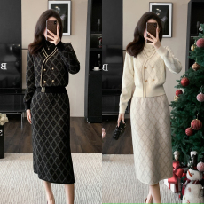 批发法式轻奢高级感金丝提花针织套装裙<b class='q'>女</b>秋冬新款菱形格<b class='q'>针织衫</b>半身裙
