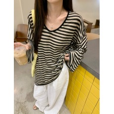 批发满天星 已出货 罗纹 条纹防晒<b class='q'>罩衫</b>慵懒风V领宽松薄款上衣