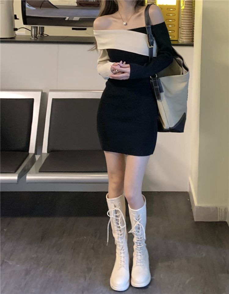 흔들어서 톤 주간 고양이 품질 보트넥 인사이드 가져 가라. 고급 센스 슬림해 보이는 순수한 욕망 바람 핫걸 니트 섹시함 타이트 스커트 드레스