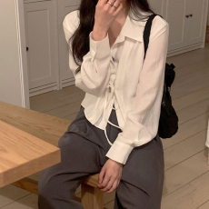 批发尺寸已更新 INS博主款 春秋款小众设计感假两件系带衬<b class='q'>衫</b>女衬<b class='q'>衣</b>