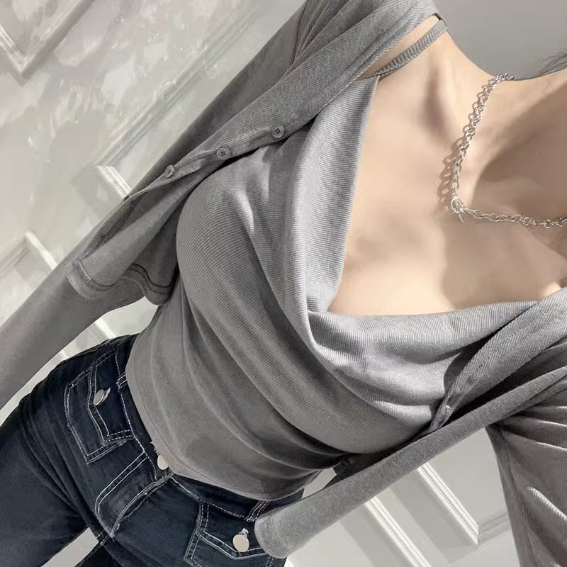 한국 가을과 겨울 새로운 기질 슬림 피트 荡荡 칼라 디스플레이 몸 캐미솔 얇은 섹션 긴 소매 카디건 2 피스 세트