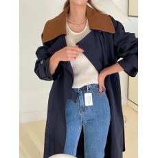 批发有货INS秋季新款小众撞色高级感大翻领藏青色腰带长款风衣外套