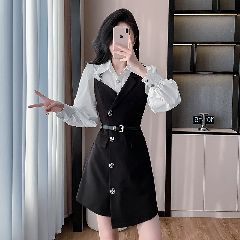 PF20758#设计感小众黑白拼接衬衫连衣裙女新款气质修身Polo裙女裝貨源服裝批發