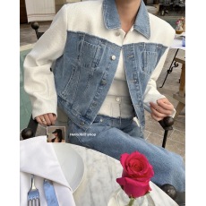 批发港风复古牛仔拼接撞色短款夹克美式设计感单排扣翻领外套款