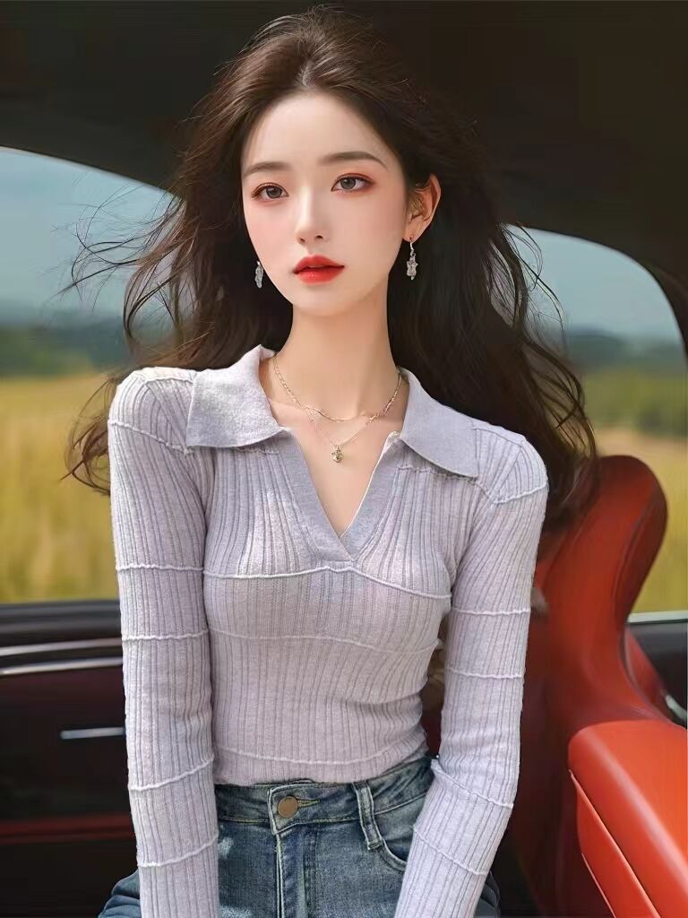 PF19865#紫色v领针织衫薄款修身显瘦气质翻领喇叭袖上衣女裝貨源服裝批發