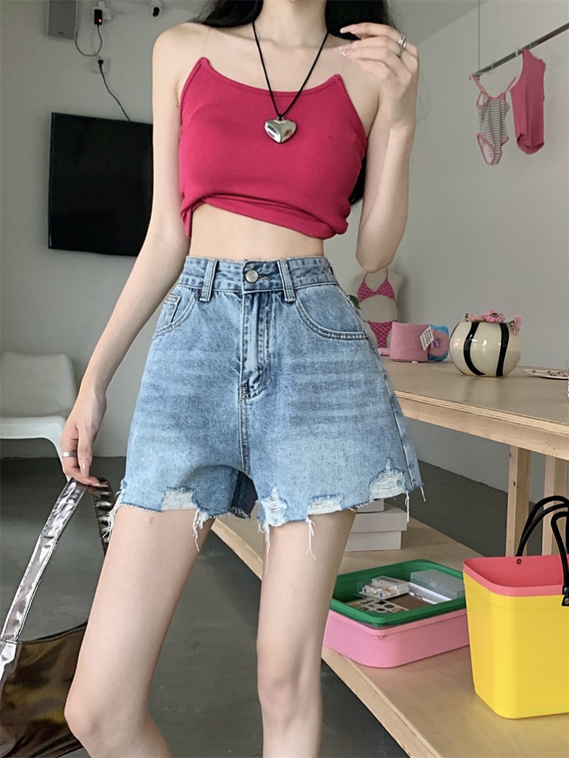 실사 아메리칸 레트로 워싱 마 오래된 개성 거친 가장자리 찢어진 데님 반바지 섹시함 핫걸 바람 데님 핫 바지 여성