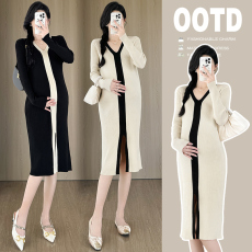 批发实拍#孕妇秋装连衣裙2025新款宽松V领撞色针织茶歇裙子<b class='q'>春</b>秋季