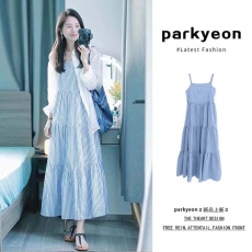 批发春装新款大码女装条纹中长款连衣裙防晒衬衫<b class='q'>两件套</b>装M-4XL200斤