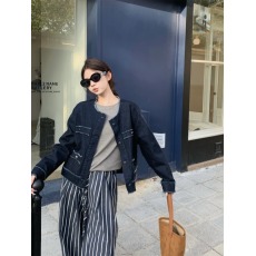 批发现实拍实价 <b class='q'>韩国</b>ins手工毛边圆领<b class='q'>牛仔</b>小香短款<b class='q'>外套</b>+条纹裤子套装