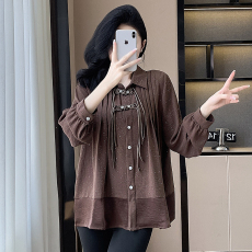 批发实拍2024秋季新款长袖中长款纯色衬衫女大码胖MM洋气减龄百搭上衣