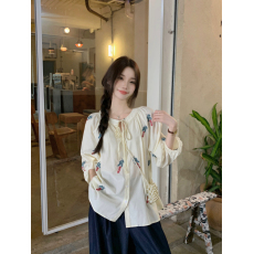 批发法式小清新衬衣女<b class='q'>甜美</b>系带刺绣印花宽松七分灯笼袖衬衫