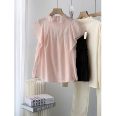 批发实拍 荷叶边立领褶皱短袖衬衫女2026温柔气质雪纺背心两件套