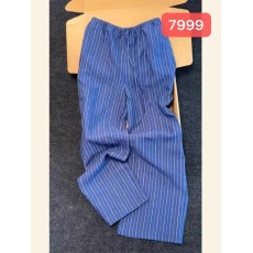 批发清仓捡漏~专柜外贸女装今年流行蓝色棉麻亚麻竖纹高腰直筒阔腿裤