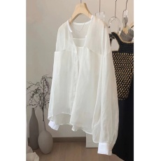 批发日系时髦松弛感<b class='q'>清凉</b>防晒白色亚麻两件套轻薄透气排扣苎麻休闲上衣