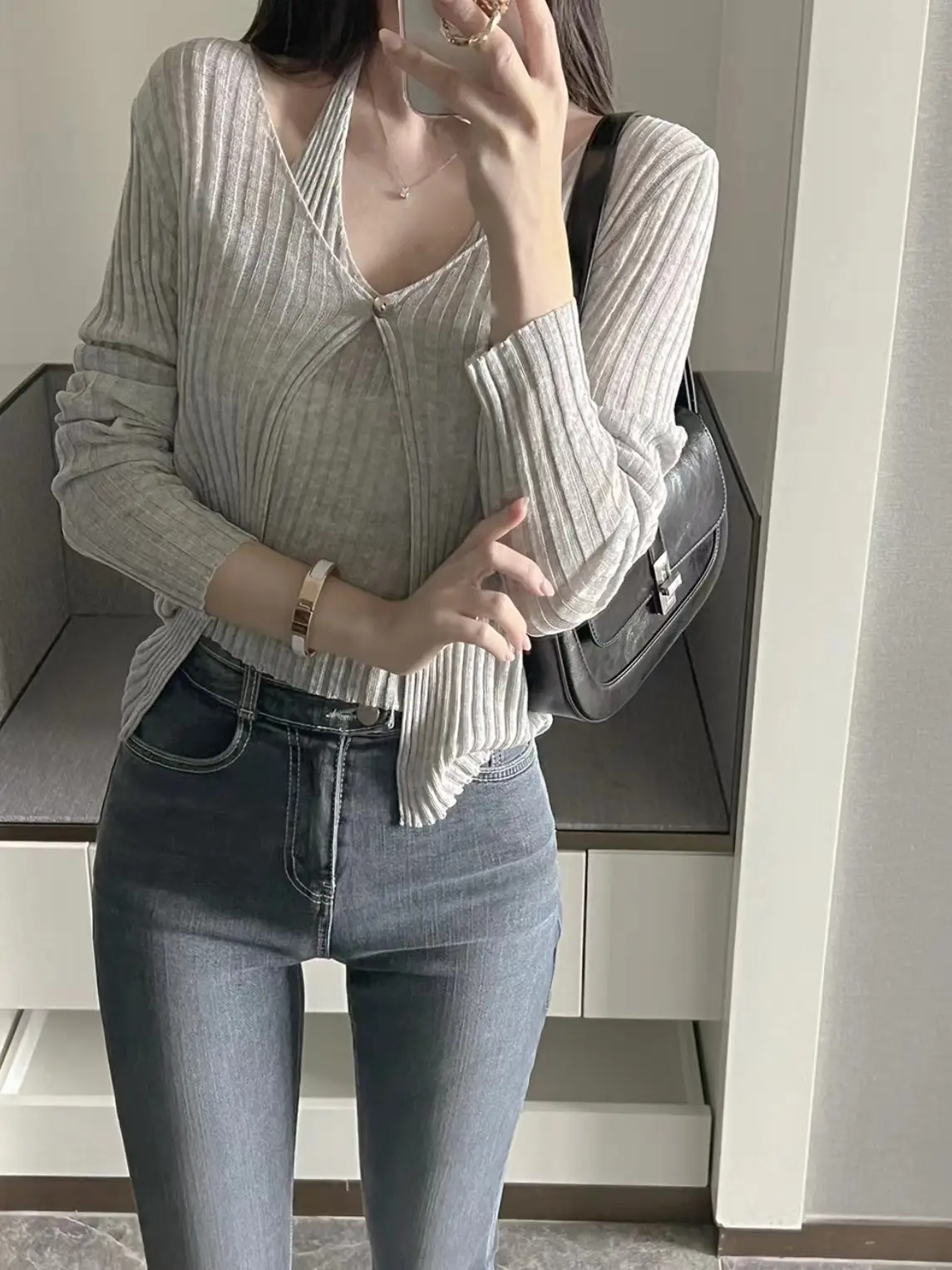 프랑스풍 레트로 V넥 홀터 민소매 니트 가디건 상세 이미지 24