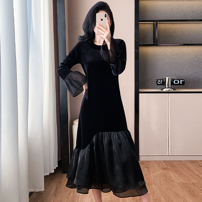 MY12404#打底内穿  丝绒连衣裙拼接时尚修身显贵气大码连衣裙女女裝貨...