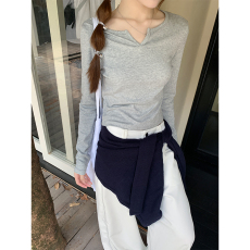 批发实价不减<b class='q'>实拍</b>正肩圆领白色长袖T恤春季修身v领内搭针织打底衫上衣