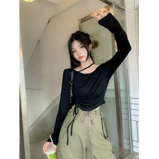 批发辣妹<b class='q'>露肩</b>挂脖抽绳长袖<b class='q'>t</b><b class='q'>恤</b>女早春季设计感小心机别致显瘦短款上衣