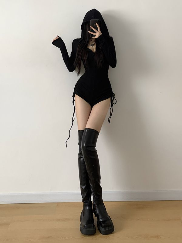 American style hot girl hooded jumpsuit, women's outdoor fitness suit, tight waist long sleeved yoga jumpsuit_voghion.com