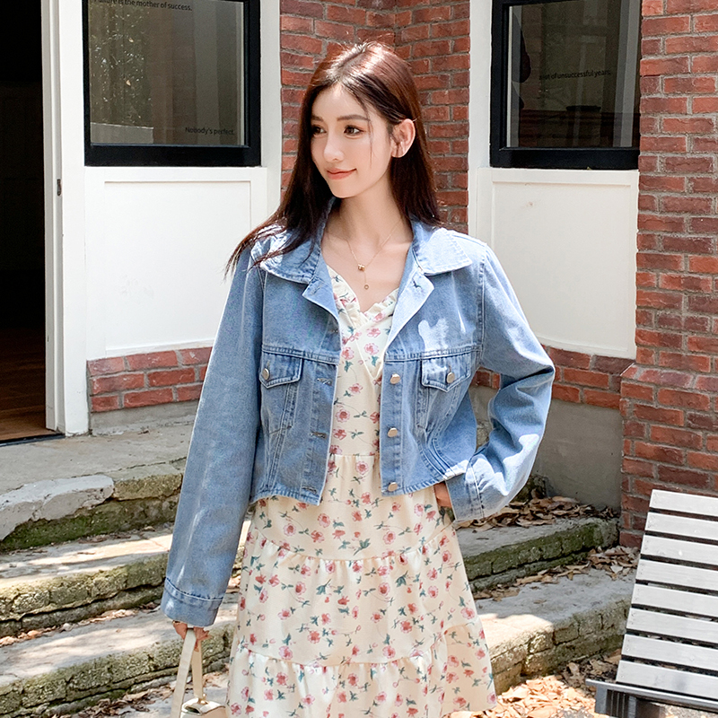 PF19722# 实拍现货  短款牛仔外套女春秋新款港风宽松百搭小个子夹克上衣