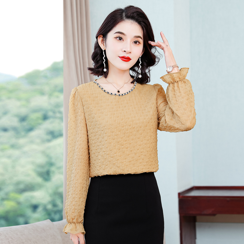 PF19828#时尚订珠长袖雪纺衫女新款高级感上衣洋气减龄显瘦小衫女裝貨源服裝批發