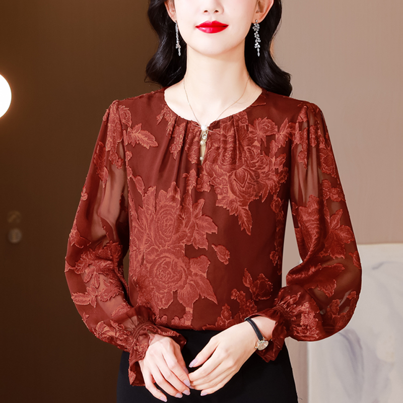 PF19825#圆领提花雪纺衫女上衣2024秋装新款宽松遮肚子洋气小衫长袖女衬衣女裝貨源服裝批發